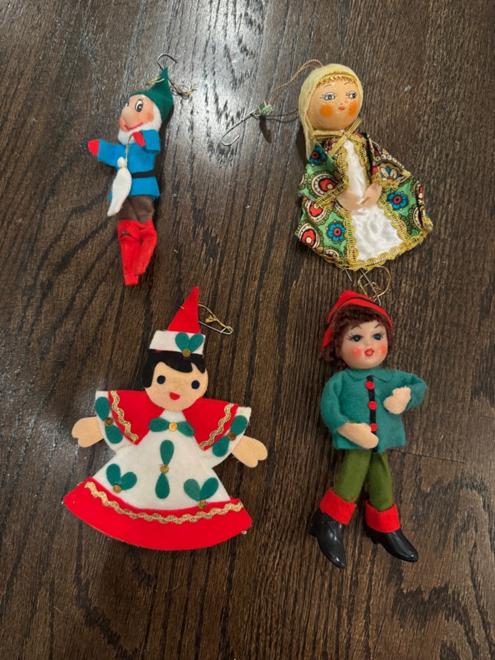 Vintage Felt & Fabric Doll Christmas Ornaments - Red, Green, White, Gold